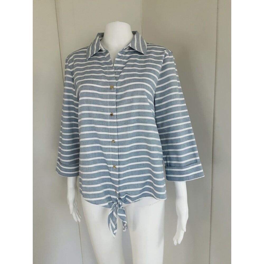 ANNE KLEIN 100% Cotton Blue|White Stripe Hi-Low Front Tie 3Qtr Sleeve Top Sz L